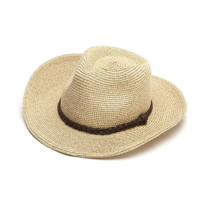 Men's foldable straw sun hat with a wide brim shown in a beige colour.