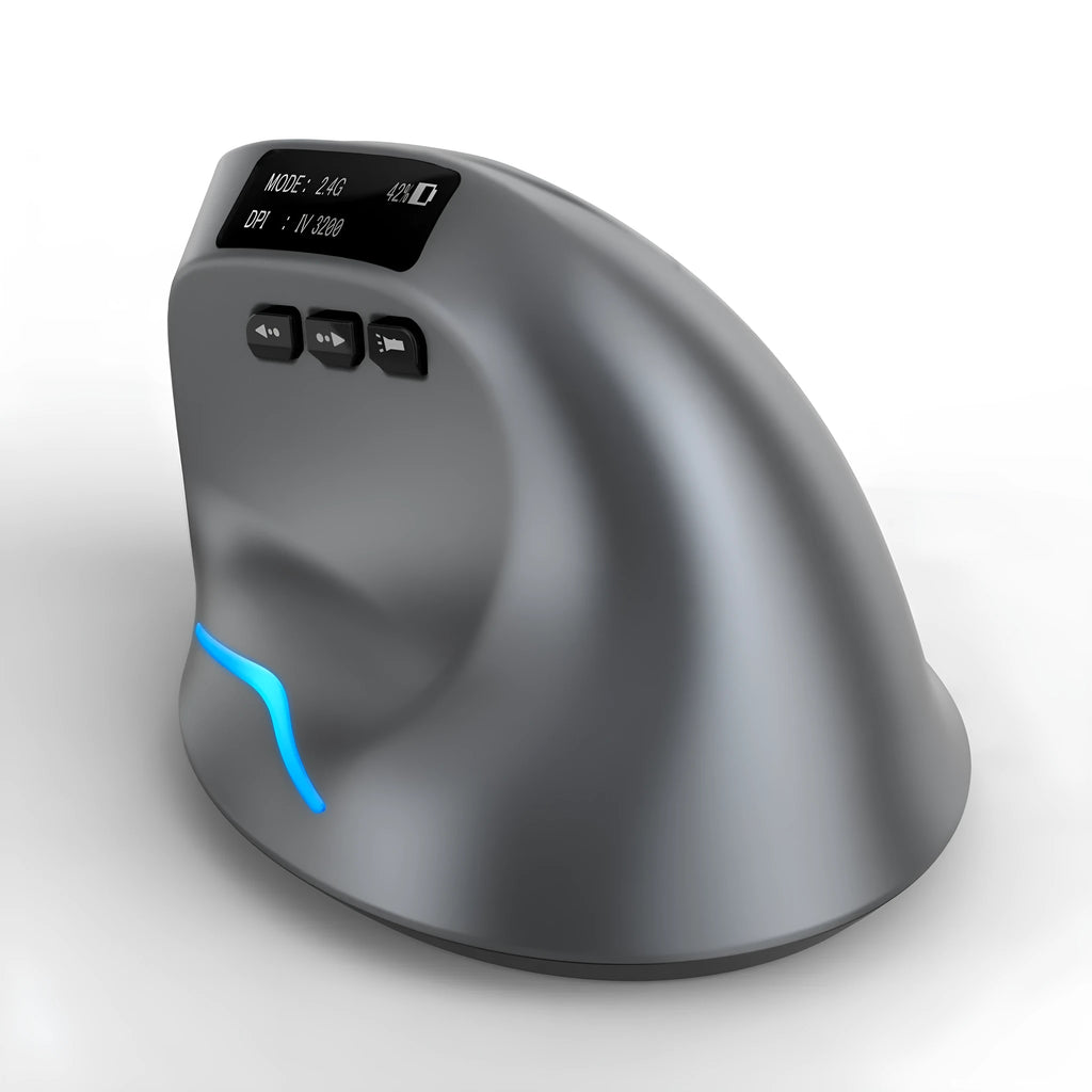 Grey Bluetooth vertical mouse with self-charging for laptop computers