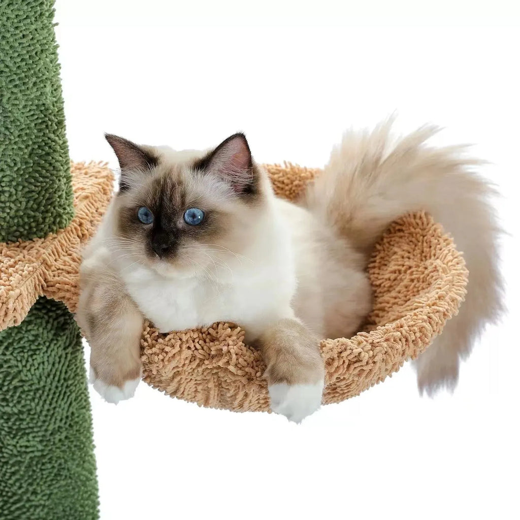 Tall cactus-shaped cat tree with integrated scratch board and nest on a solid wood frame.