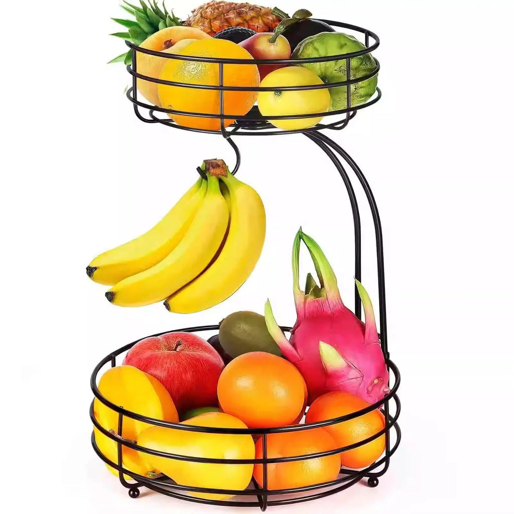 Black double-layer wrought iron fruit basket with open metalwork design