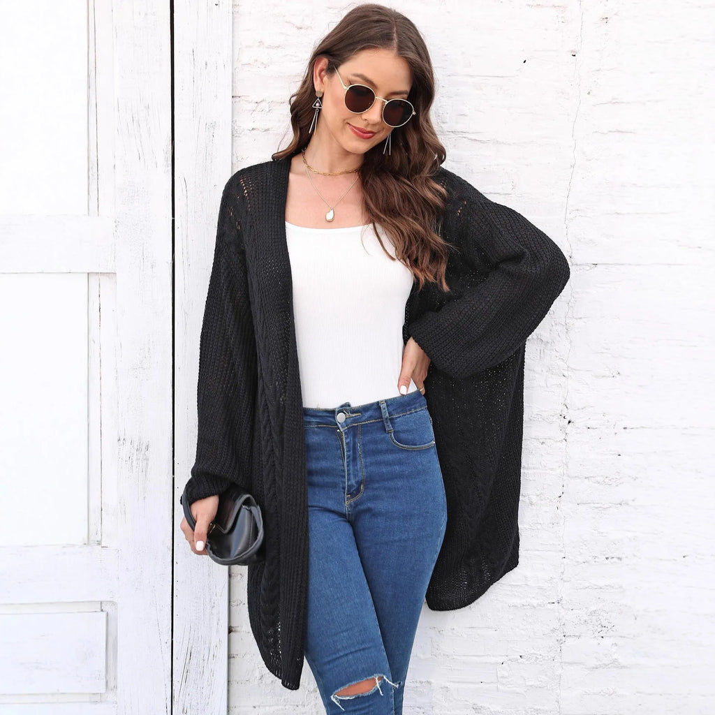 Women's loose acrylic sweater coat cardigan in army green, shown front view