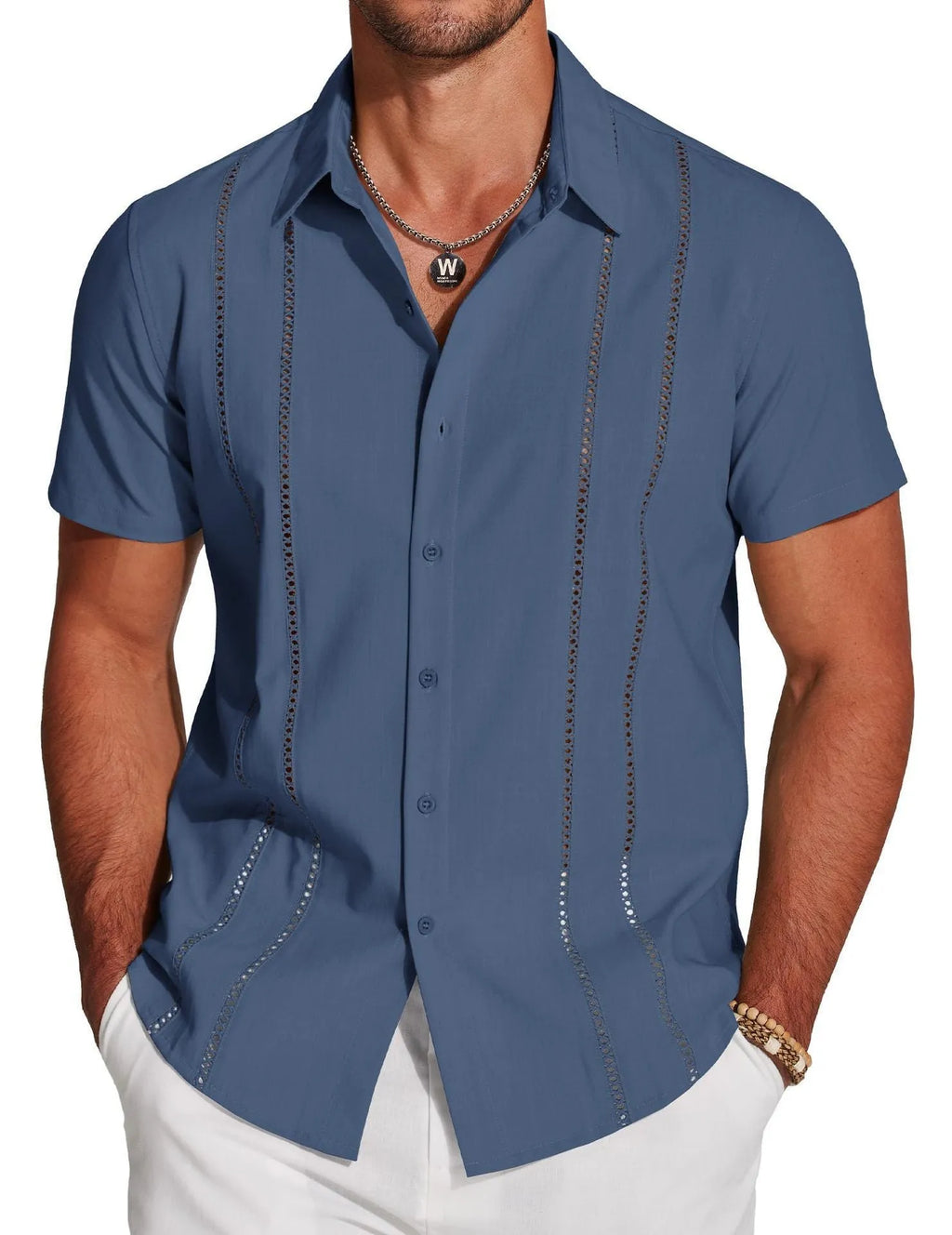 Men's slim fit Hawaiian short sleeve shirt with digital printed pattern in cardigan style
