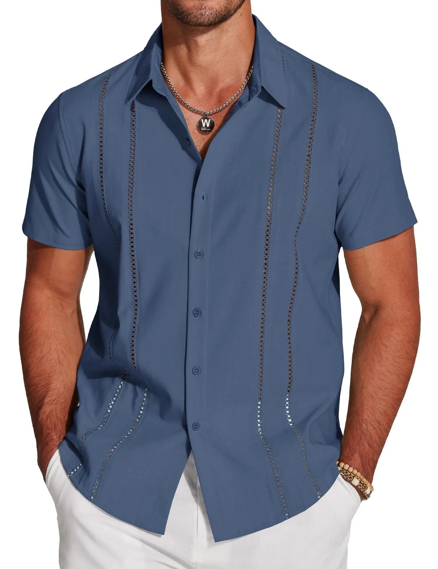 Men's slim fit Hawaiian short sleeve shirt with digital printed pattern in cardigan style