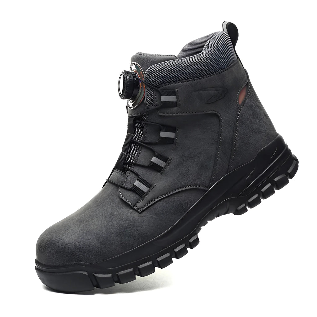 Lightweight labour protection safety shoes with leather upper and rubber sole in black, yellow and grey colours