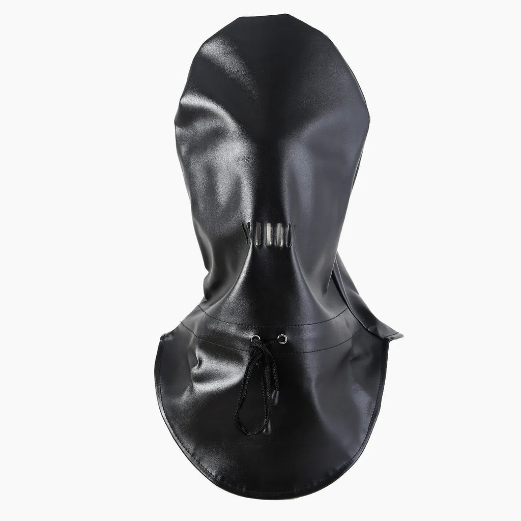 A black leather BDSM mask for adults with an adjustable strap.