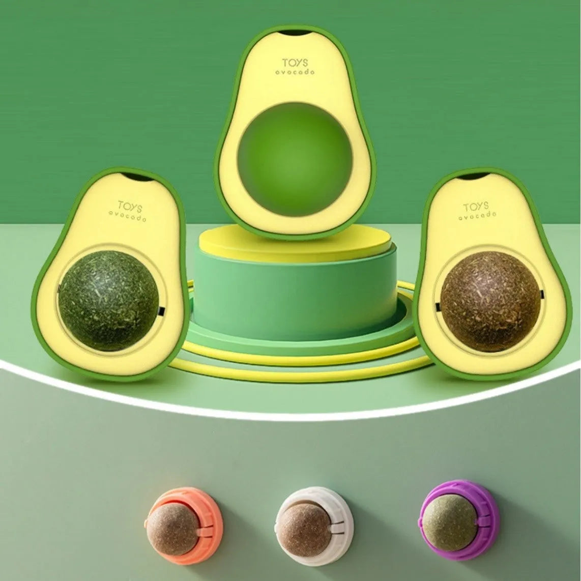 Plastic catnip ball chewing toy in various colours with textured surface for dental cleaning