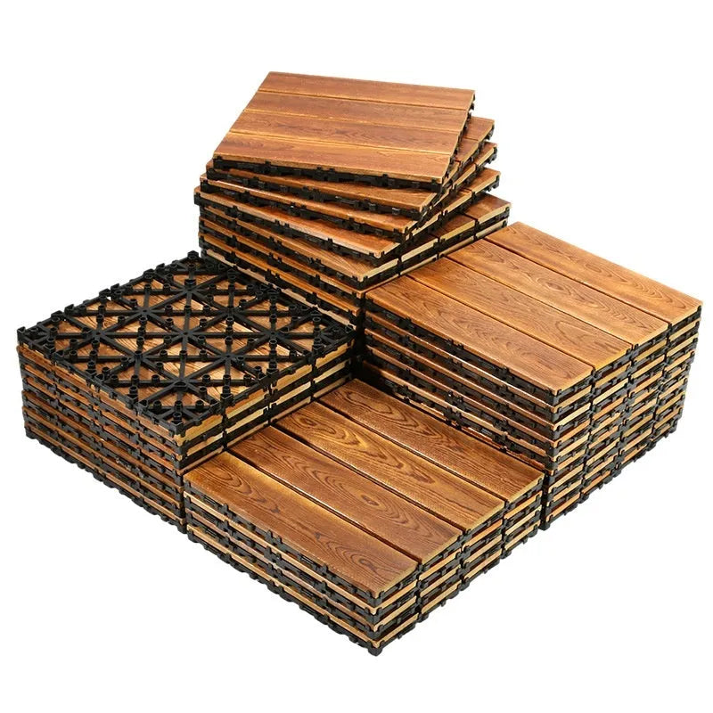 Four 30x30cm camphor pine wood flooring tiles with brushed oil finish