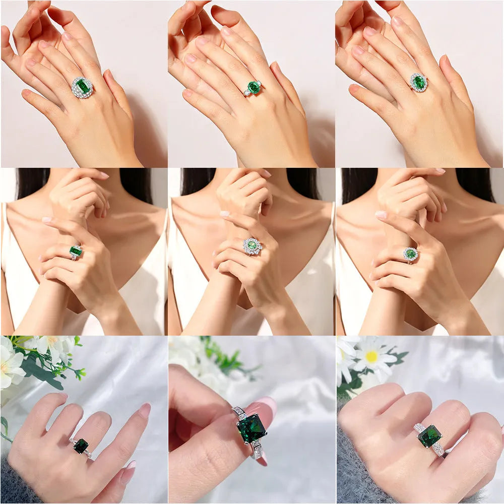 Women's S925 sterling silver ring with an inlaid green emerald Palaibahao and high carbon diamond accents on a geometric band.