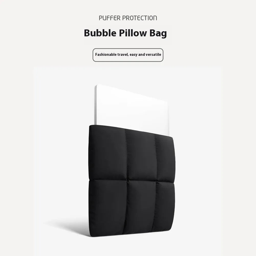 Black polyester laptop sleeve showing sewing thread detailing and soft texture for 13-15.6 inch laptops
