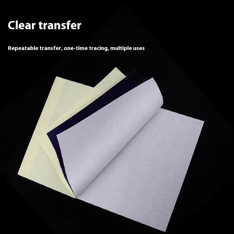 Stack of A4 tattoo transfer paper sheets with clear quadruple lines and transfer gel tube