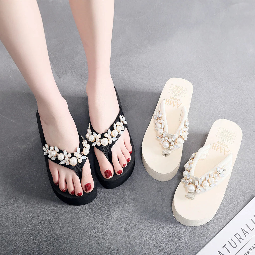 Women's high-heeled flip-flop sandals with a cotton cloth upper, shown in beige and black colour options.