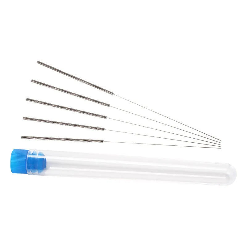 Ten metal cleaning needles for unblocking E3D and Mk8 3D printer nozzles, shown with size options.