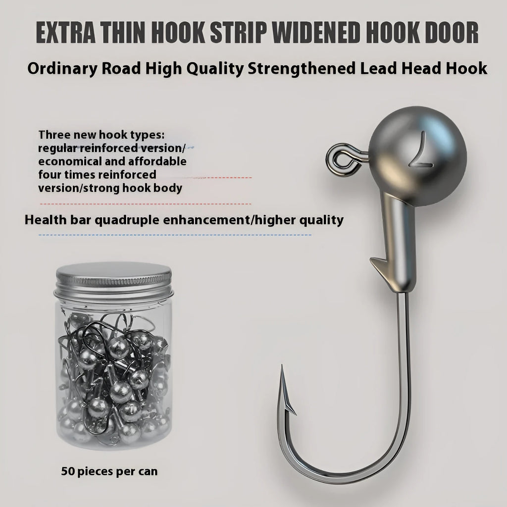Enhanced jig hook fishing set with 50 pieces and four-times strengthened construction in primary colour.
