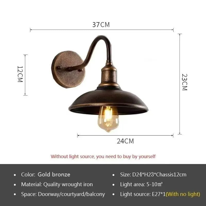 Retro style metal wall lamp for outdoor courtyards, shown in copper and silver finish options.
