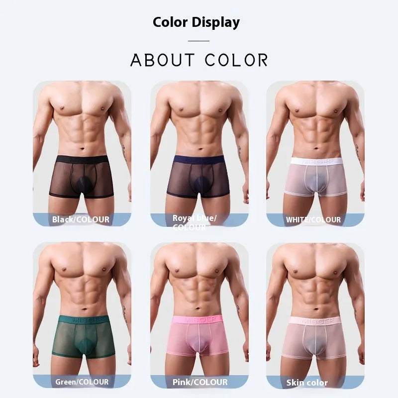Men's thin invisible boxer shorts in quick-drying polyester fabric showing colour options