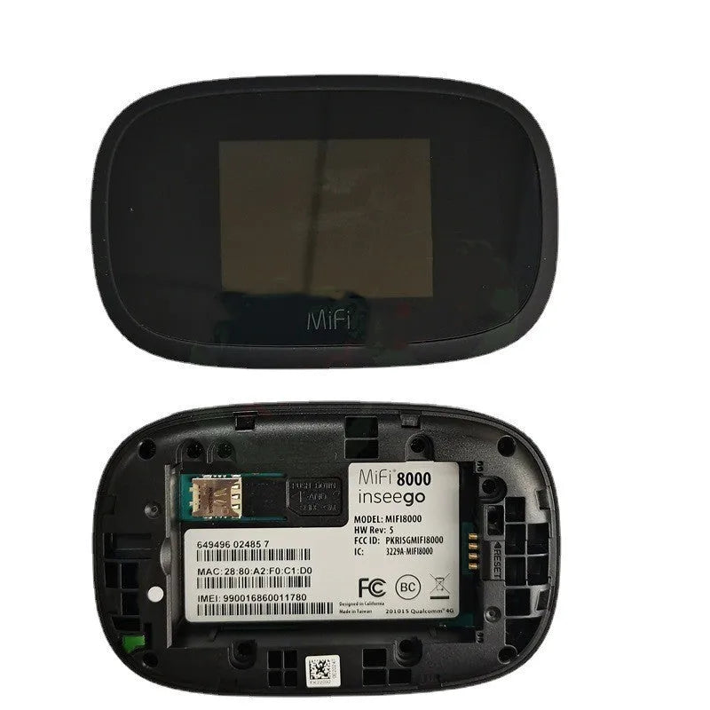 Black mifi8000 4G portable wireless router with battery and cable on a white background.