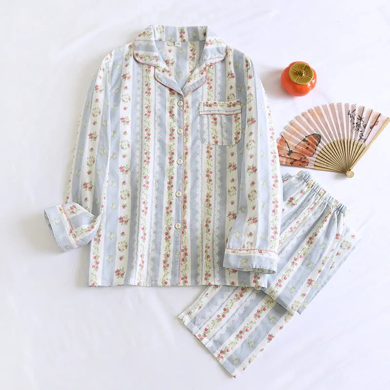 Women's cotton gauze lounge set with long sleeves and trousers in stripe or fruit print patterns