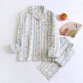Women's cotton gauze lounge set with long sleeves and trousers in stripe or fruit print patterns