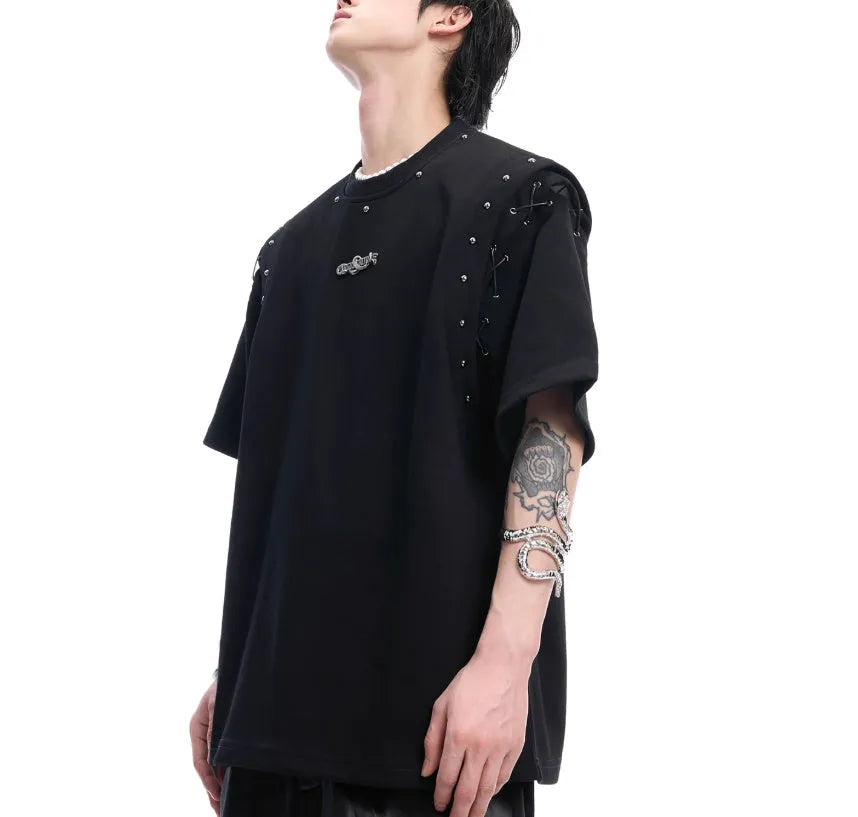Deconstruction style short sleeve T-shirt with lace-up cutout detailing in black.