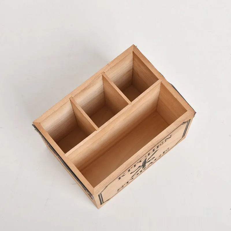 Wooden kitchen storage box for cutlery and chopsticks with internal divider grid