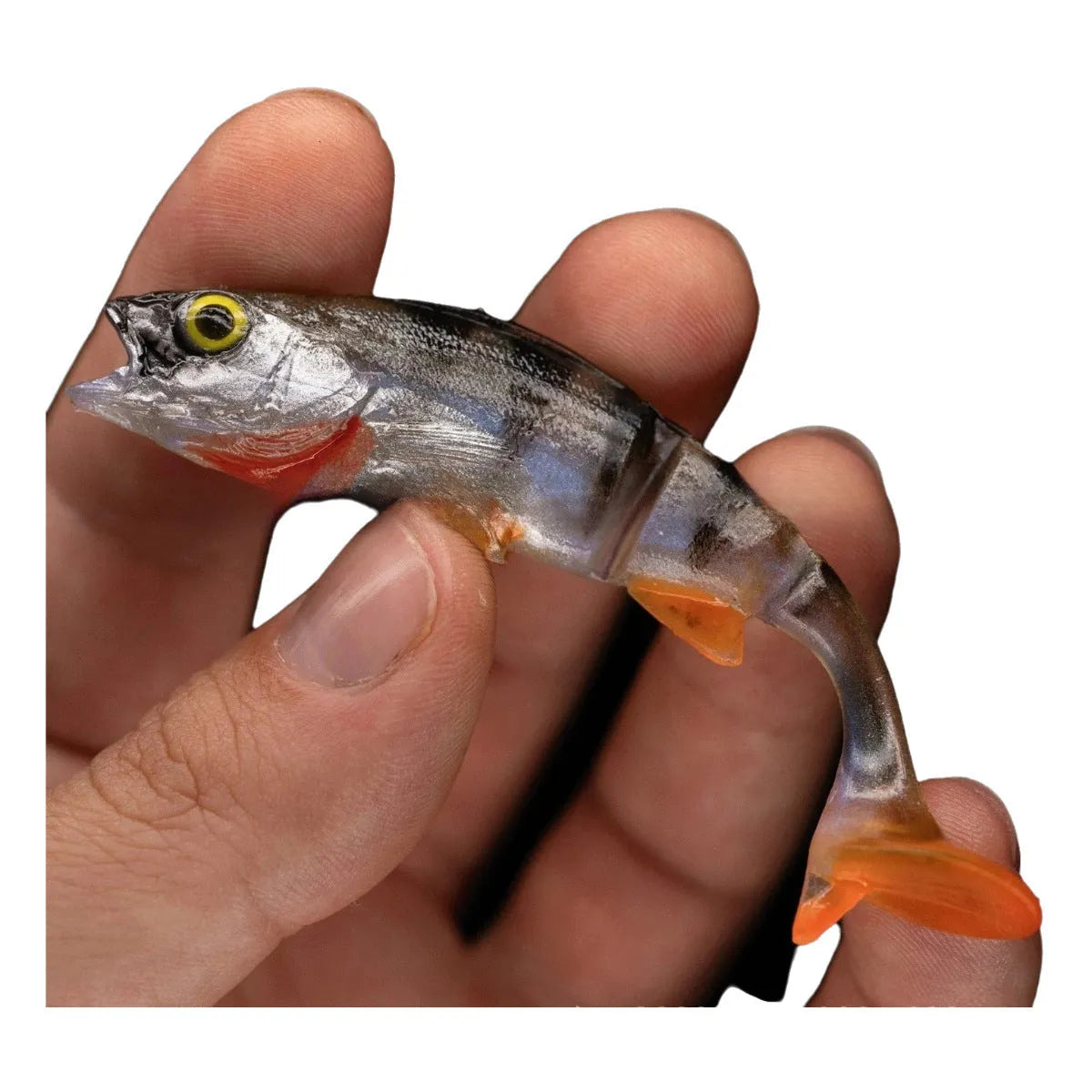 Two soft plastic fishing lures with T-tail design and fish pattern colour scheme