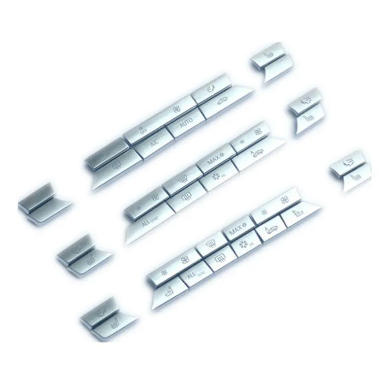 Automotive air conditioning button panel replacement parts showing silver buttons in multiple fitting sizes