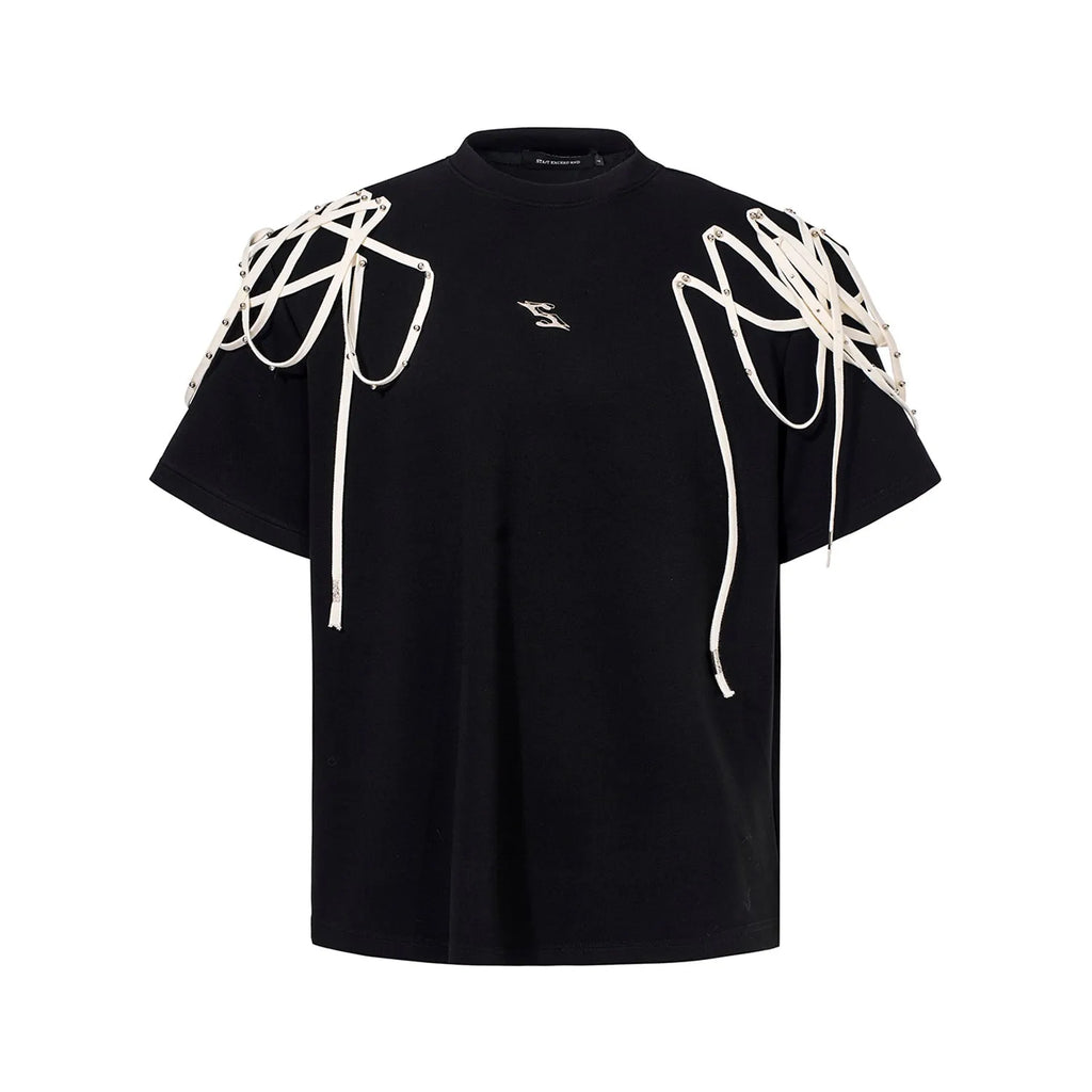 Black women's short-sleeve T-shirt with rivet ribbon detail on padded shoulder.