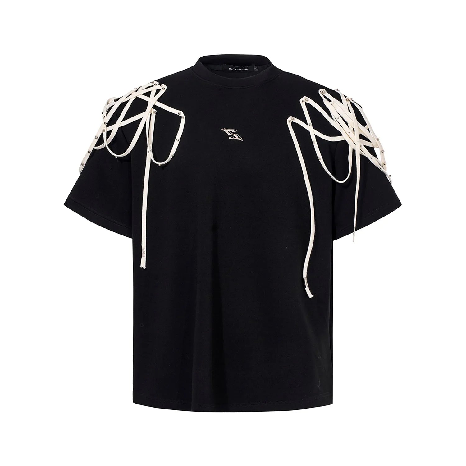 Black women's short-sleeve T-shirt with rivet ribbon detail on padded shoulder.