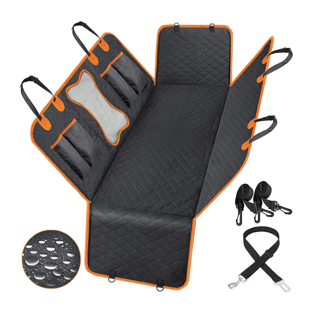 Black waterproof dog car seat cover with orange edging laid out on a car rear seat, showing mesh window and storage pocket.