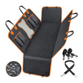 Black waterproof dog car seat cover with orange edging laid out on a car rear seat, showing mesh window and storage pocket.