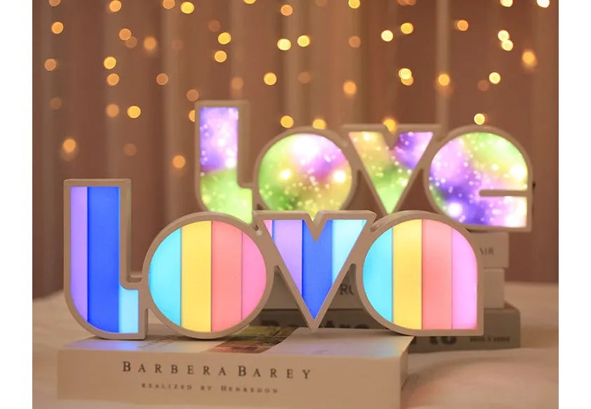 Rainbow LED LOVE decorative lamp with USB cable, measuring 35.5cm wide