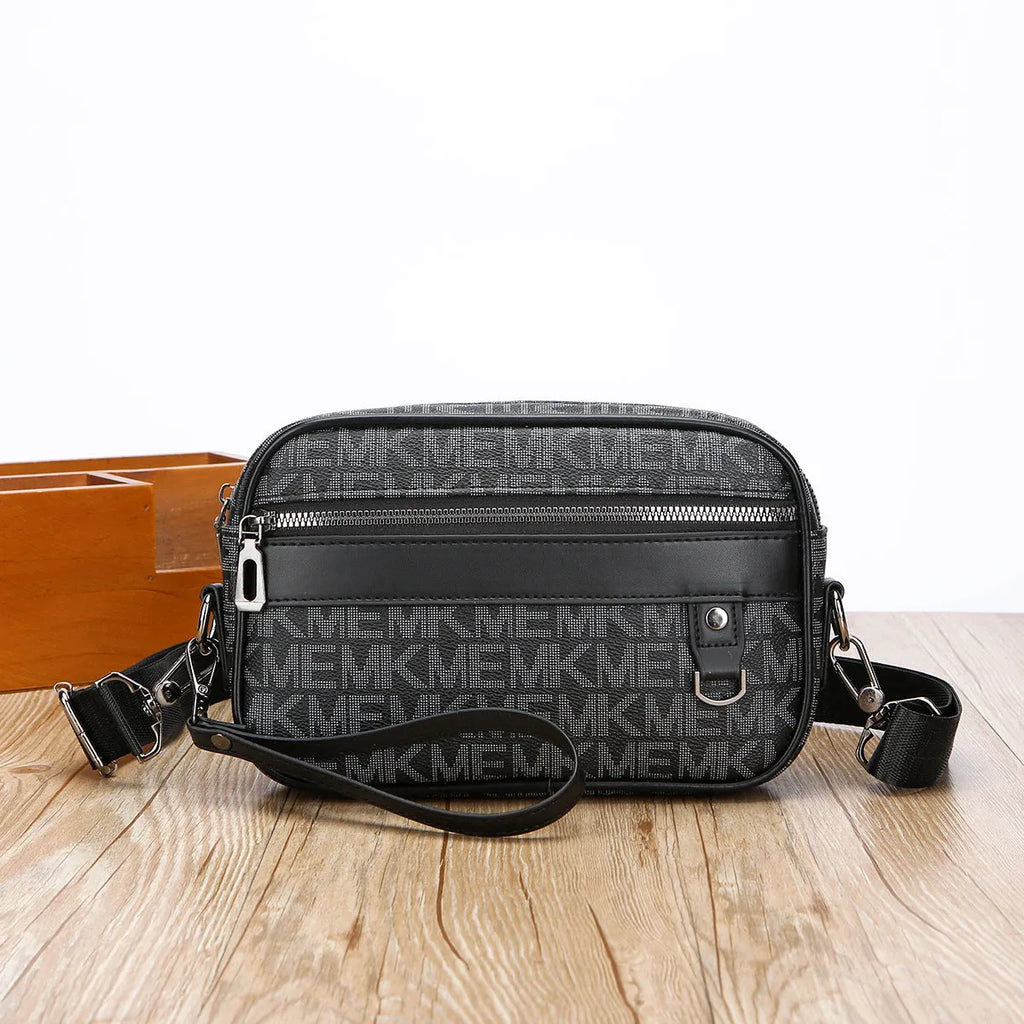 Men's geometric pattern PU messenger bag in horizontal handheld design with crossbody strap