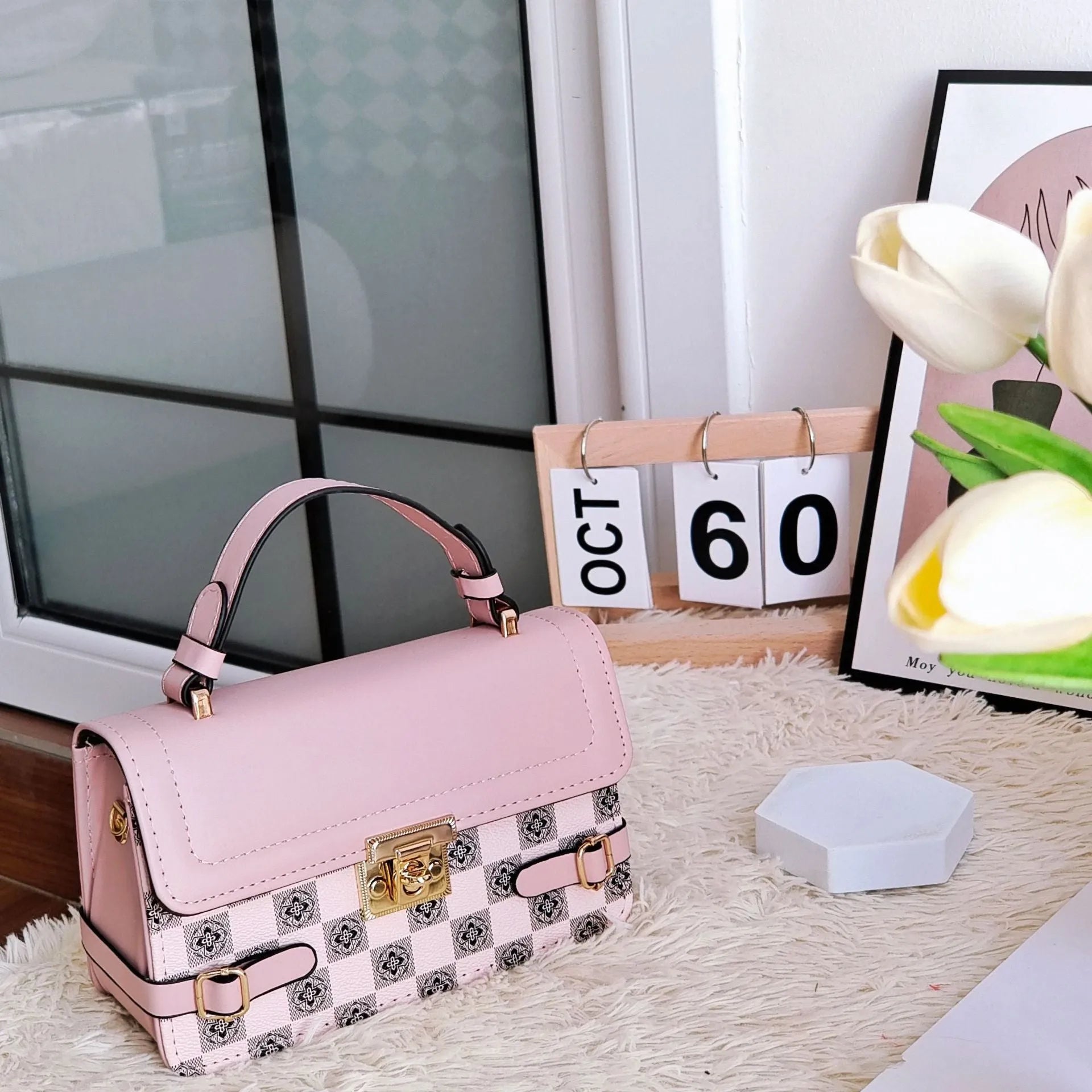 Retro ethnic crossbody bag with small square pattern and floral stitching in PU material