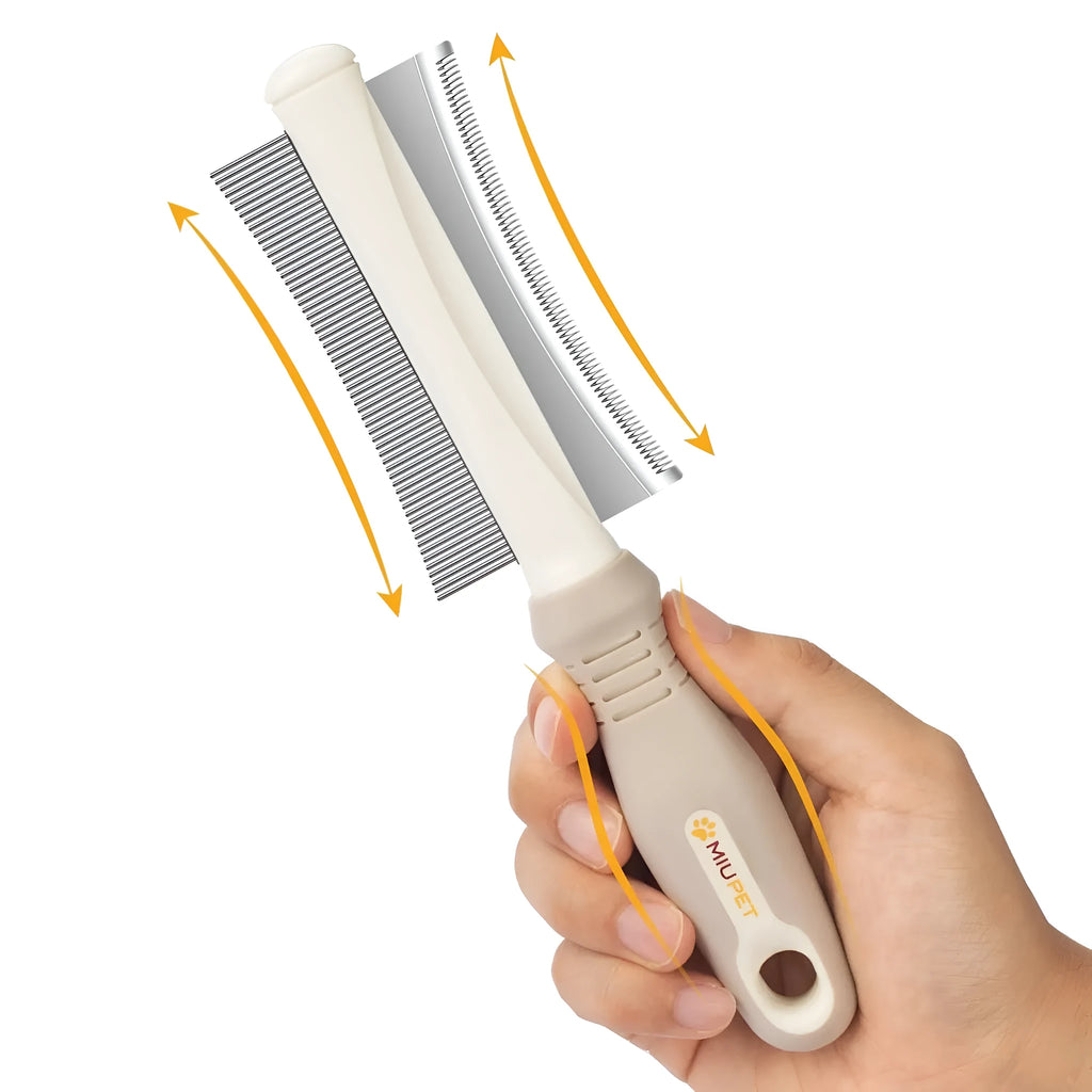 White double-sided pet grooming brush with curved comb and deshedding brush functions