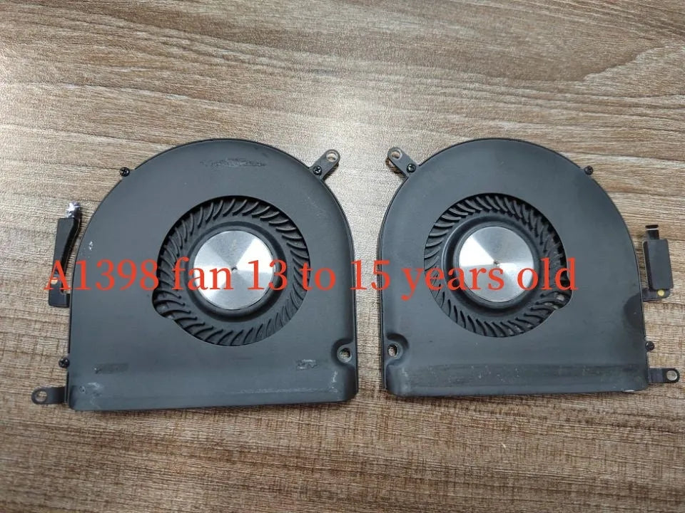 MacBook Pro A1398 laptop cooling fan replacement part with colour-coded housing variants