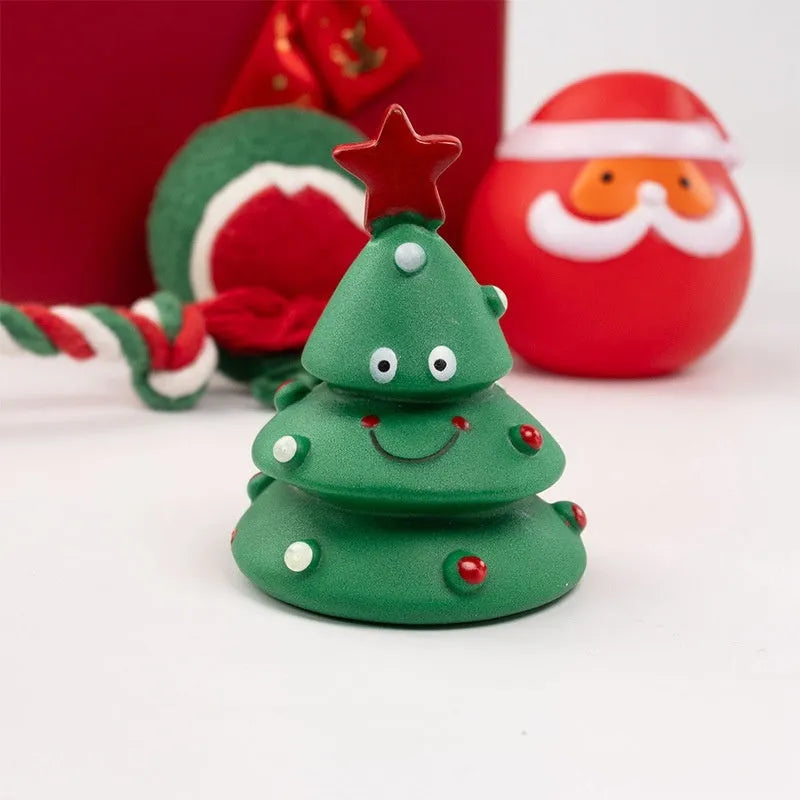 Christmas vinyl dog toy gift sets with barbells, balls, Santa heads, and deer figures for medium and large breeds