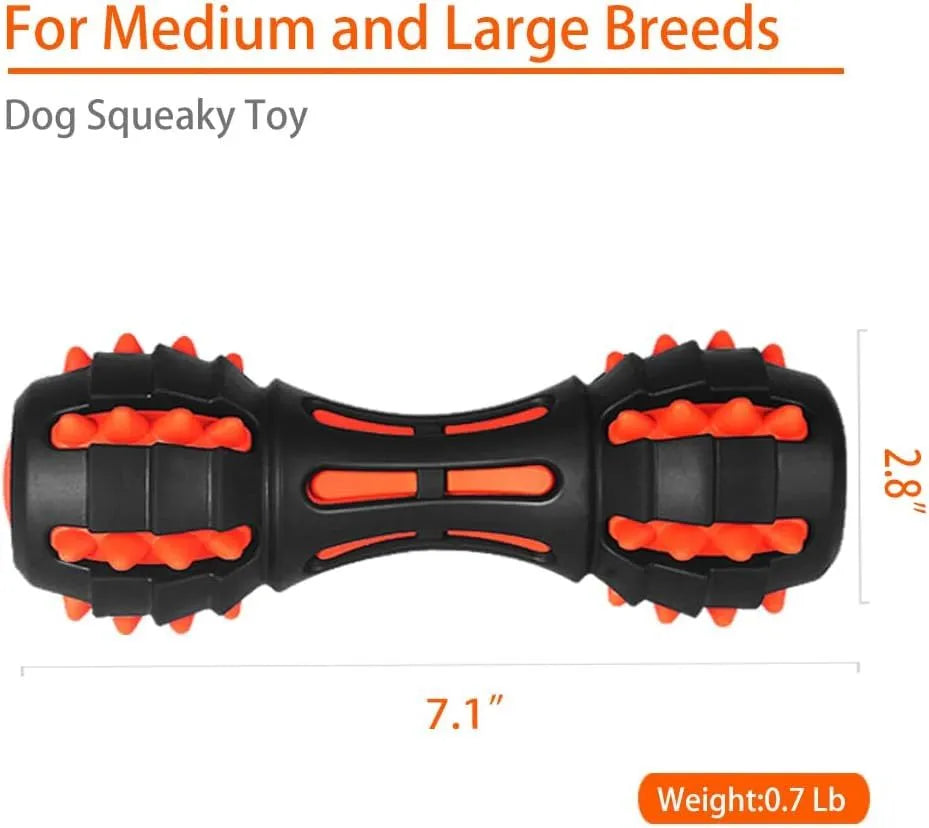Red rubber dumbbell-shaped dog chew toy with squeaker for medium and large breed dogs