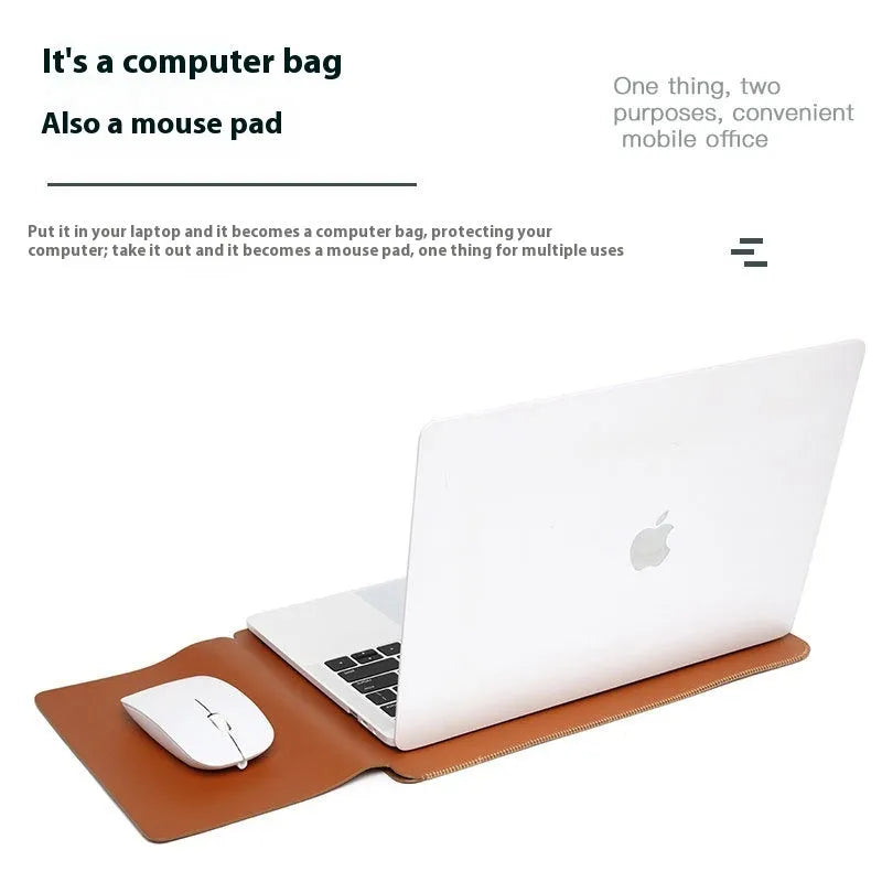 Four-piece imitation leather MacBook edge protector set shown in brown, grey, apricot, and light pink.