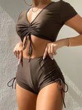 Women's lace-up bow swimsuit with shorts in polyester fibre, shown in available colours