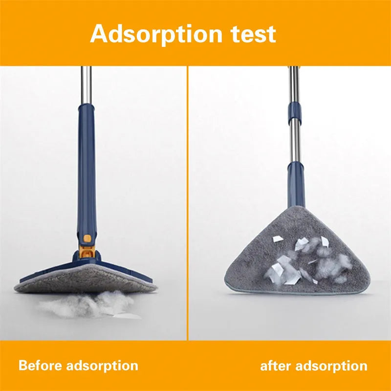 Blue extendable triangle cleaning mop with rotatable head on a stainless steel pole.