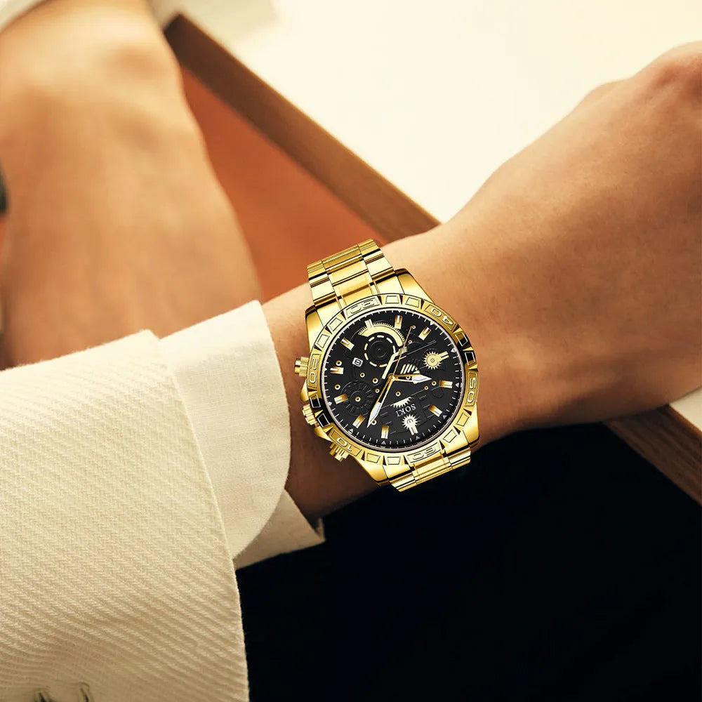 Gold men's business calendar watch with stainless steel strap and spiral crown