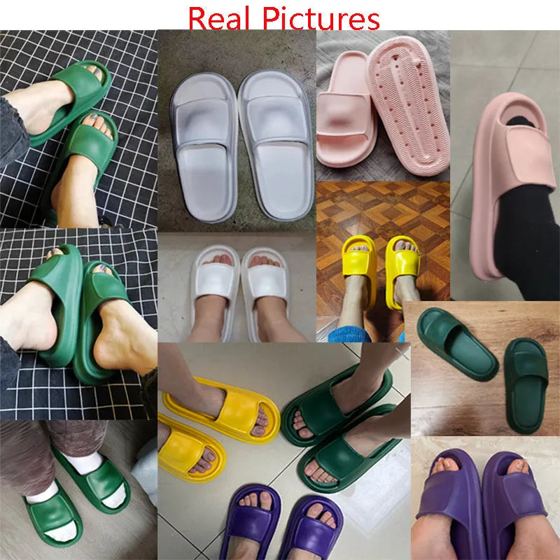 Soft EVA flip-flop slippers with thick non-slip soles in multiple colours on a white background.