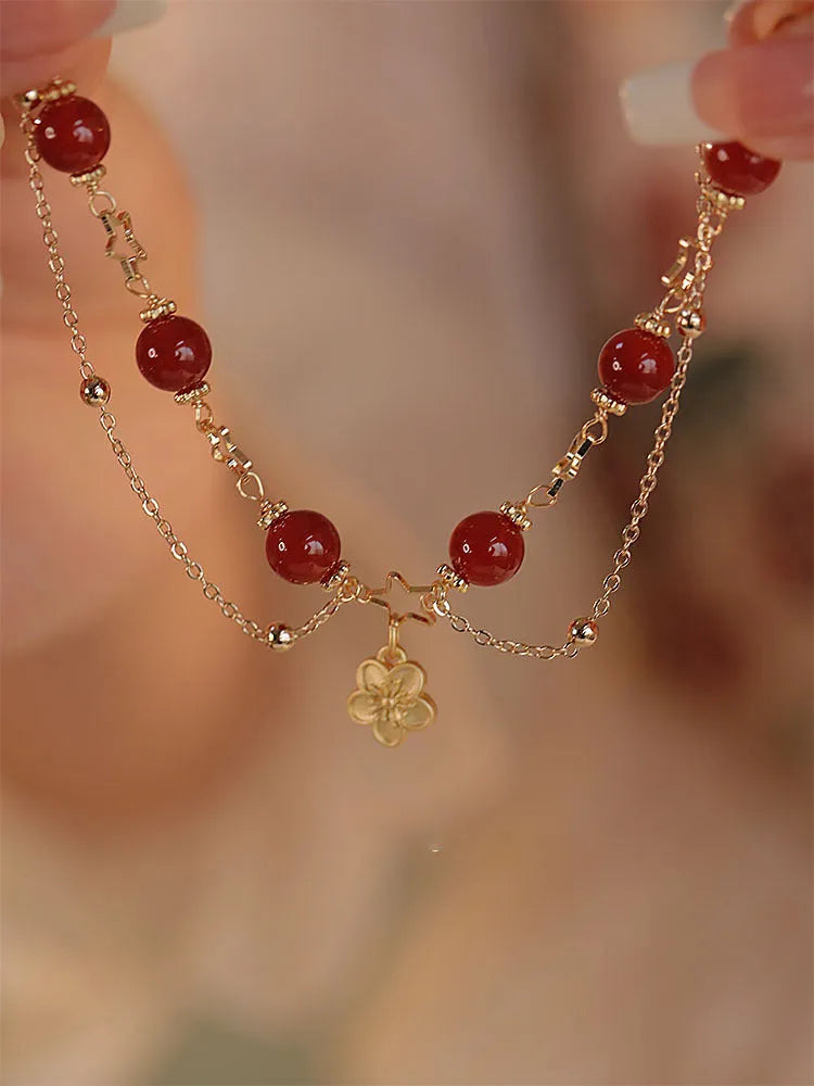 Red agate double layer bracelet with floral and peach blossom motifs