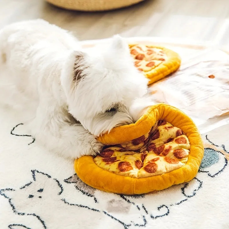 Yellow pizza slice squeaky plush dog chewing toy on white background