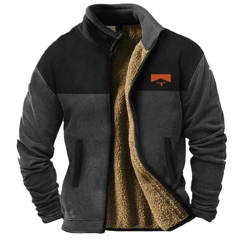 Men's green polyester padded coat on a hanger, regular length