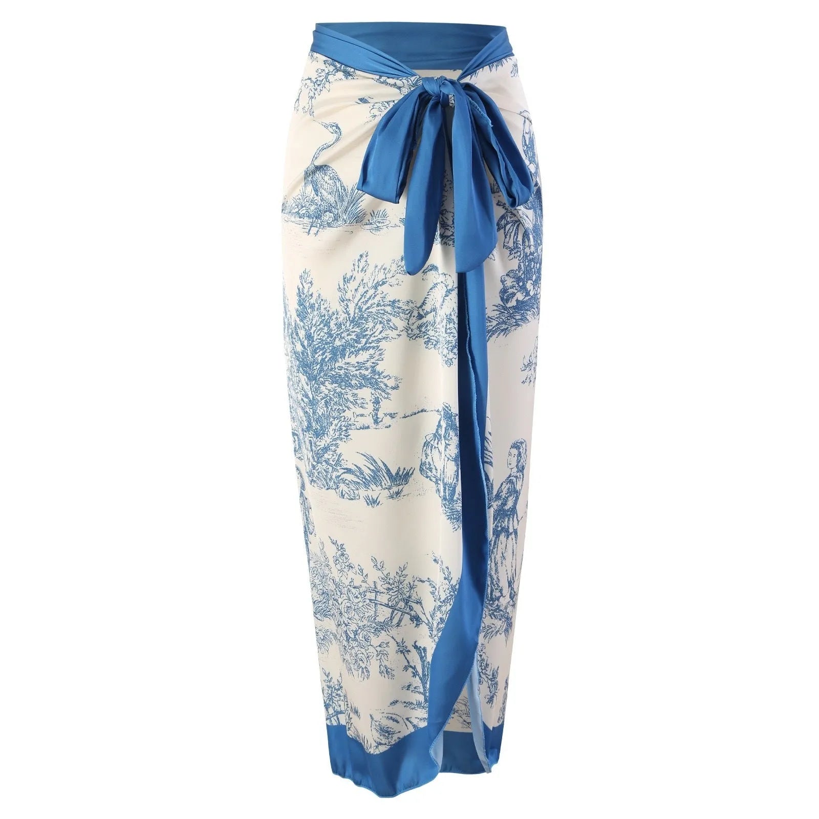Women's blue patterned one-piece swimsuit with matching gauze skirt, polyester fabric, multiple size options
