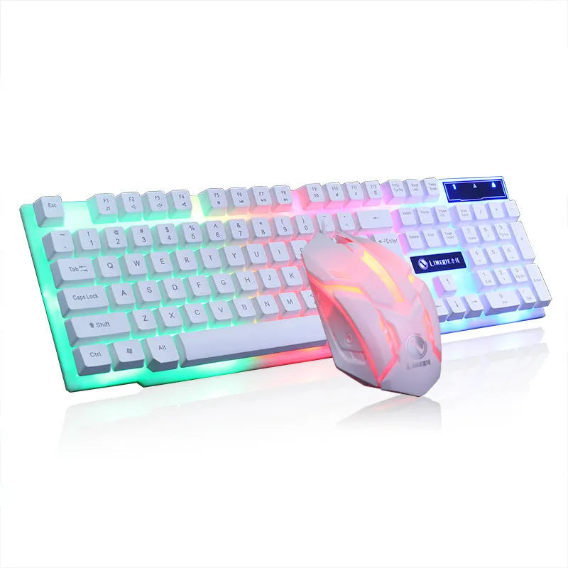 Limei Gtx300 white backlit gaming keyboard and mouse set on desktop