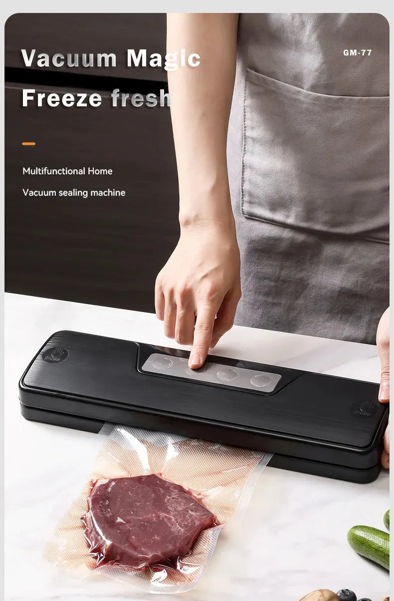 Black automatic vacuum sealer machine for household food preservation on kitchen counter