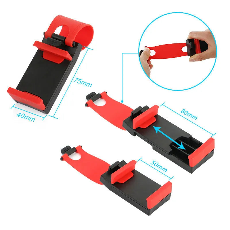 Black universal clip mount holding a mobile phone on a car steering wheel