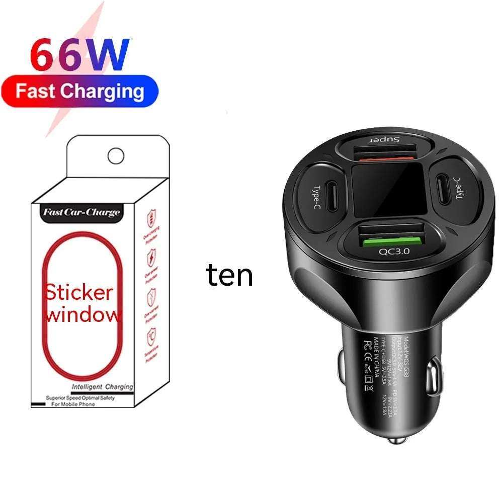 66W dual USB dual Type-C digital display car charger with compact black design